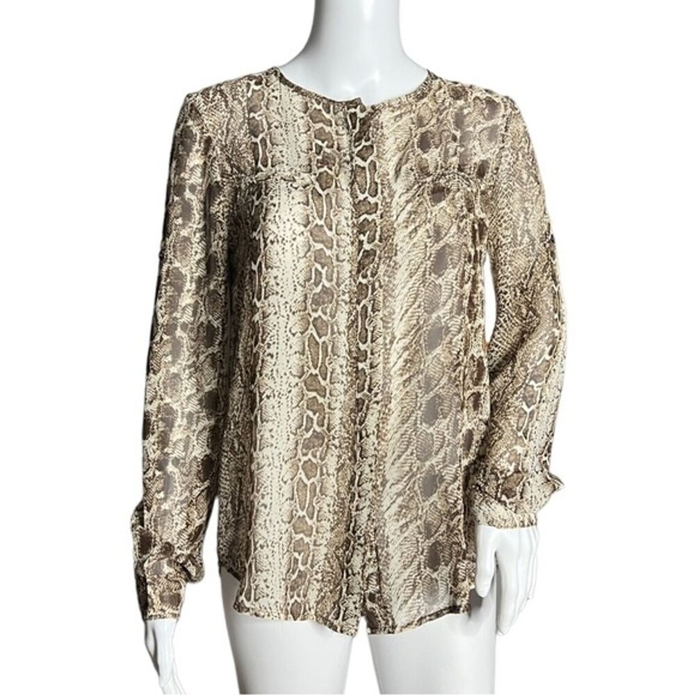 Ovi Shirt Womens Small Brown Cream Snake Print Button Front Blouse Sheer Edgy‎